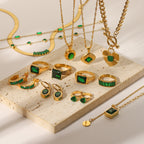 Fashion Retro Green Zircon Series Necklace Earrings Bracelet Ring Women's Stainless Steel Jewelry