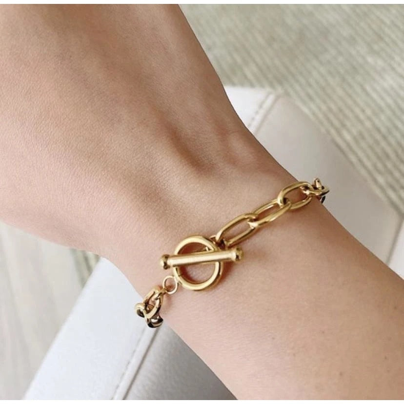 2H Fashion Classic gold Bracelet Paperclip Bracelet OT Ring Gold-Plated Stainless Steel Oval Chain Bracelet for Women