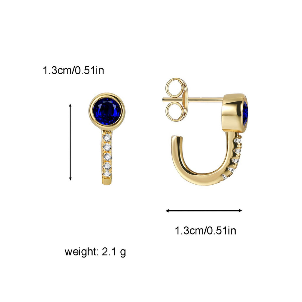 E0362 Mediterranean Vintage Brass Gold Plated Blue Zircon Stud Earrings U Micro-set White Zirconia Earrings