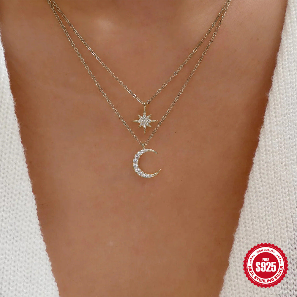 S925 Sterling Silver Diamond Star Moon Double Layer Necklace