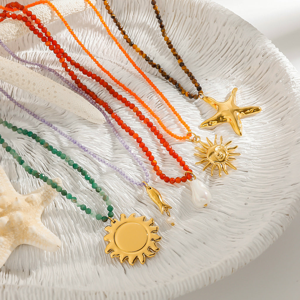 2H Stainless Steel Vacation Style Beaded Necklace Jewelry for Women, Non-Fading Collarbone Chain