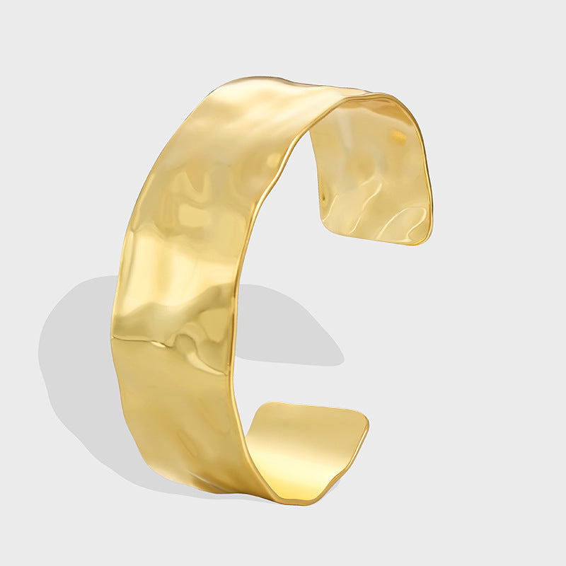 B0157 Unique Irregular Hammered Pattern Bracelet for Women, Copper Plated with Real Gold, Adjustable Open Simple Bracelet