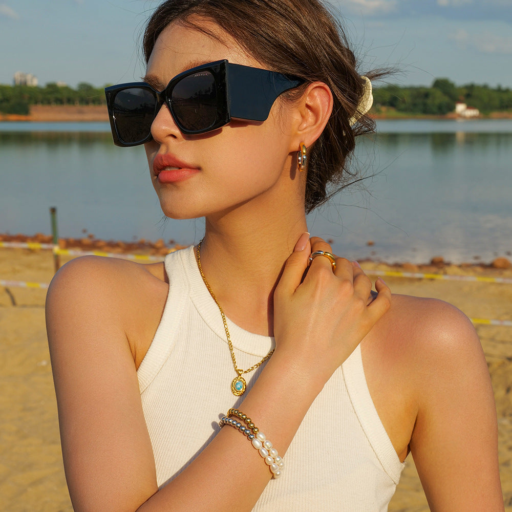 Stainless Steel Freshwater Pearl Round Beads Beaded Bracelet Women Gift PVD Electroplating16K Gold Chain Bracelet