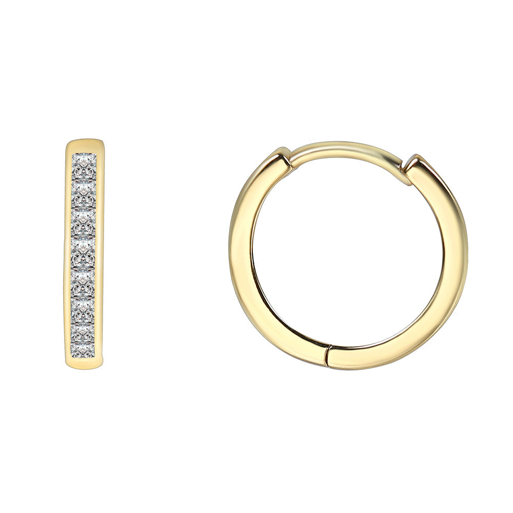 E0410 Textured Circle Small Earrings with Inlaid Diamonds, Round Full Diamond Ear Clips, Real Gold Plated, Stackable, Unisex Trendy