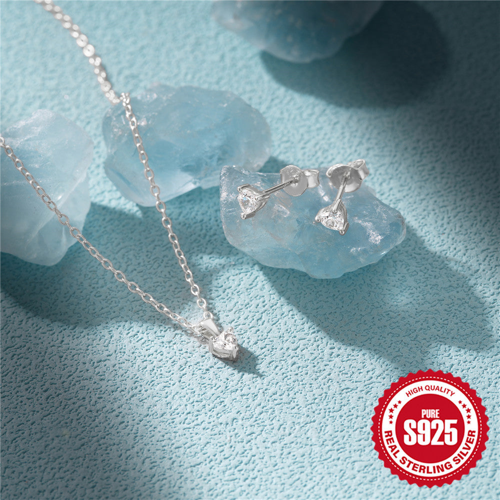 S925 Sterling Silver Heart Earrings Necklace Set With Clavicle Chain