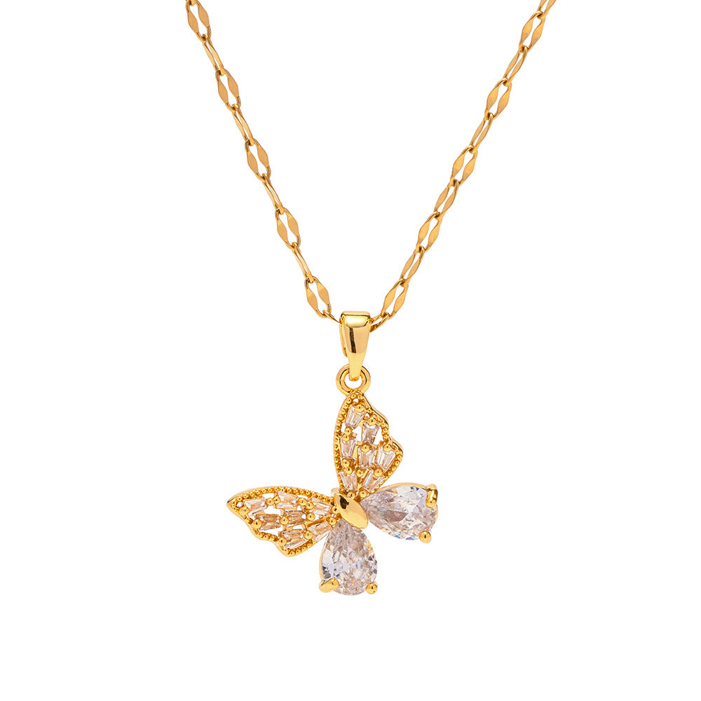 2H 18K Gold Stainless Steel Inlaid White Zircon Butterfly Pendant Necklace Non-Fading Jewelry