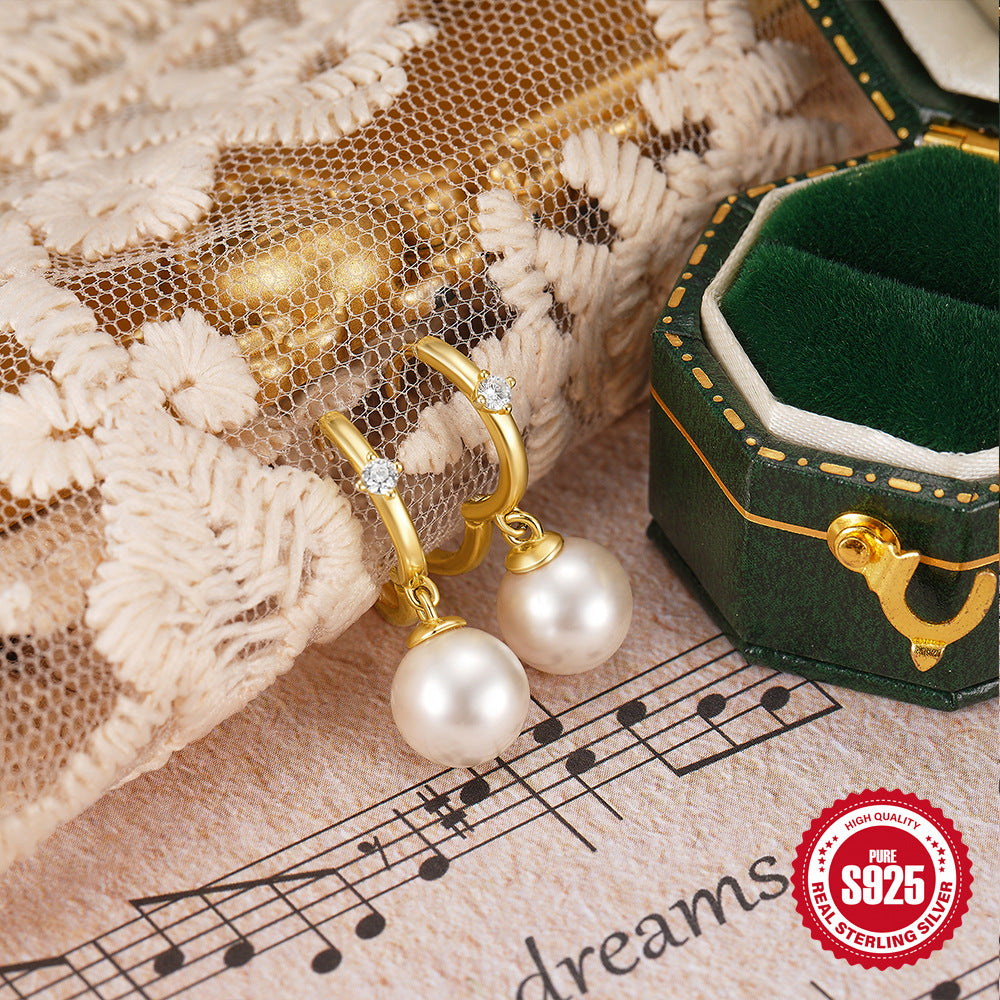 S925Sterling Silver Inlaid Diamond Pearl Hoop Earrings Ear Clips Earrings Korean and Japanese Hot Sale Daily Wear Earrings Ear Jewelry