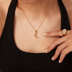 Same Style Accessories18K Gold-plated Stainless Steel Inlaid Three Zircon Moon Pendant Necklace for Women Rose Gold