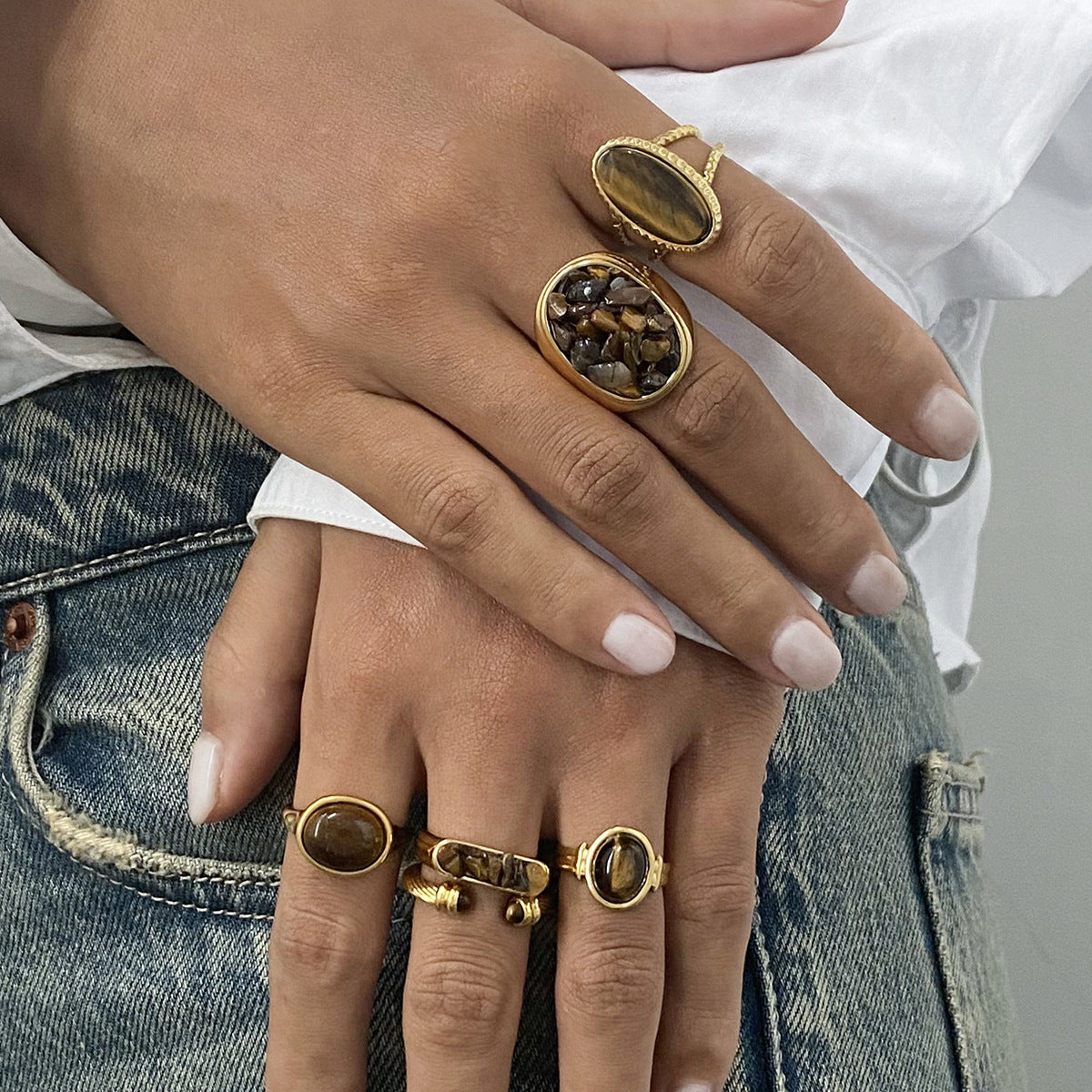 Stainless Steel Tiger Eye Stone Ring Natural Stone Product rings