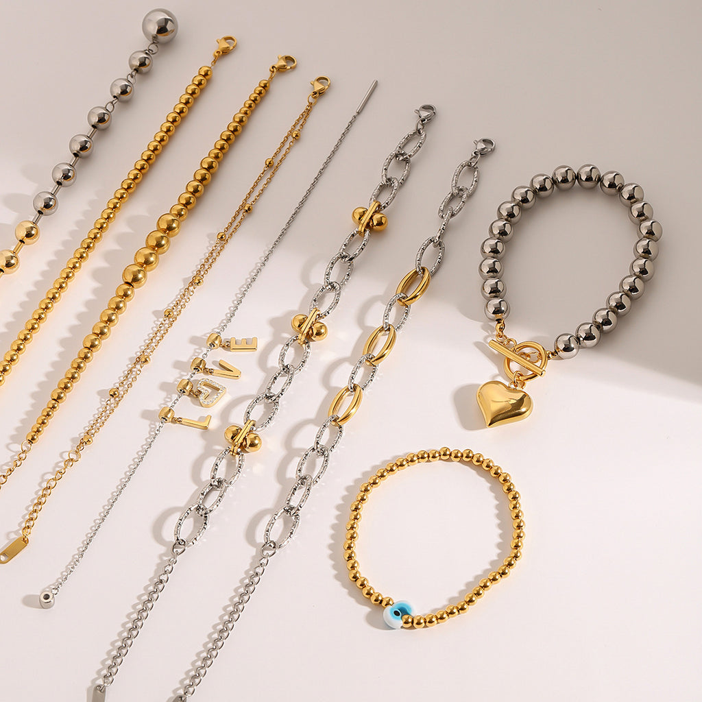 Stainless Steel Beaded Bracelet Color Block Letter Metal Chain Jewelry