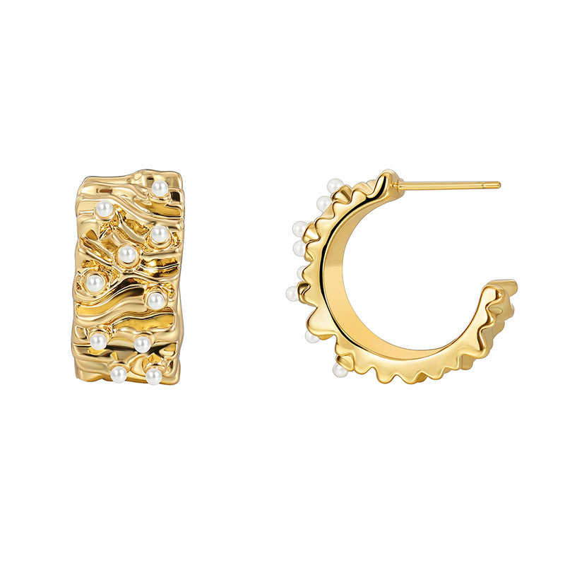 E0551 Fashion Retro Design Irregular Metal Texture Earrings for Women Copper Gold Plated with Pearl Studs