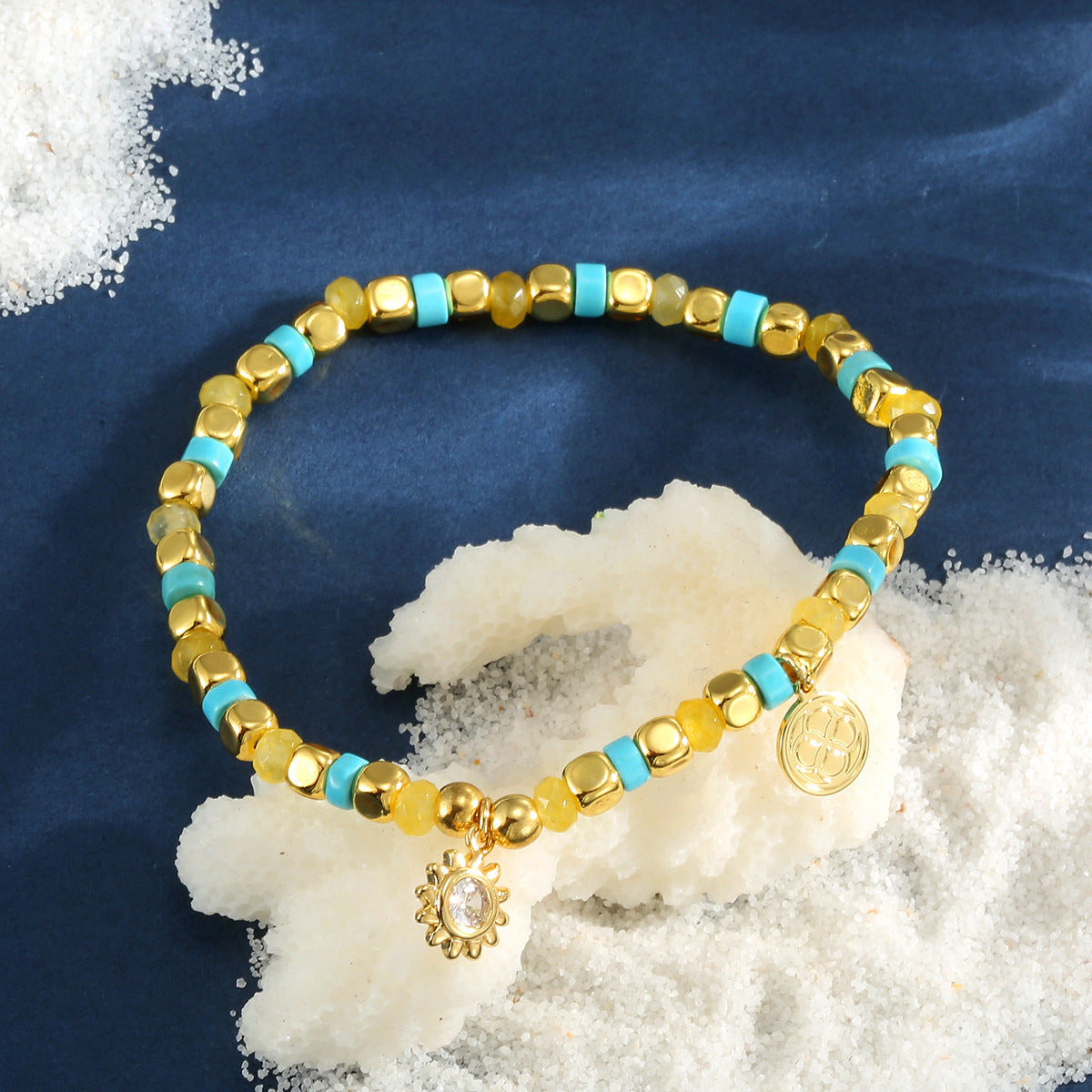 B0296 Sunflower Inlaid Zircon Design Beaded Fashion Retro Chalcedony Bracelet