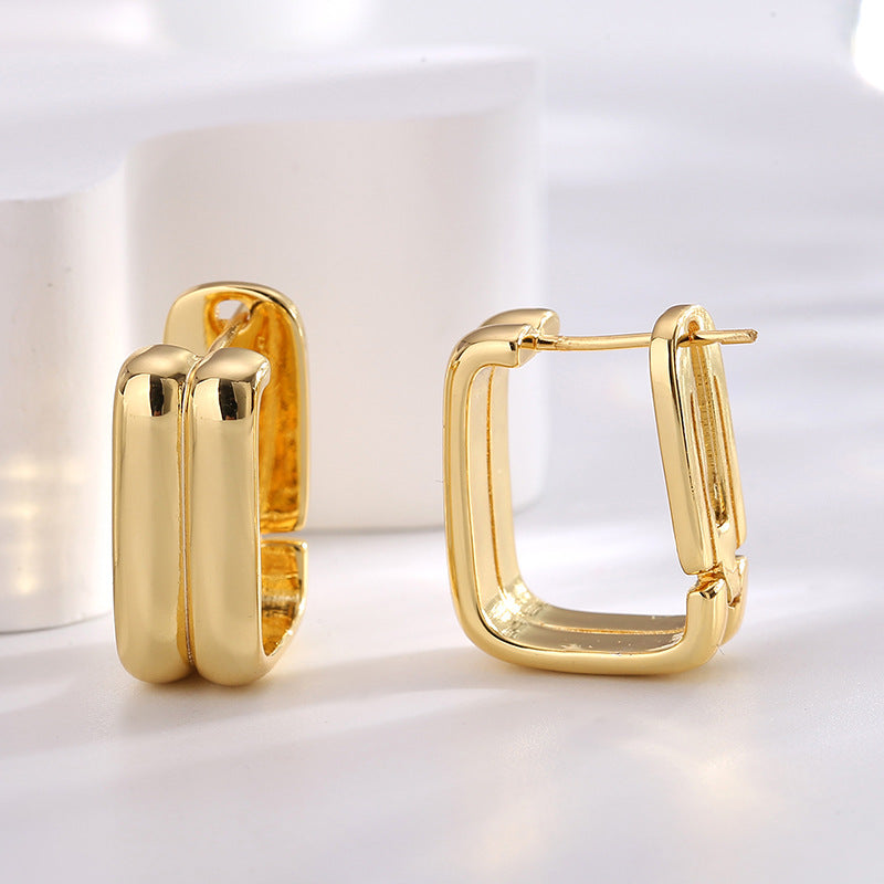 E0610 Fashionable Minimalist Design Geometric Square Earrings for Women Copper Plated with Real Gold Double Layer Smooth Stud Earrings