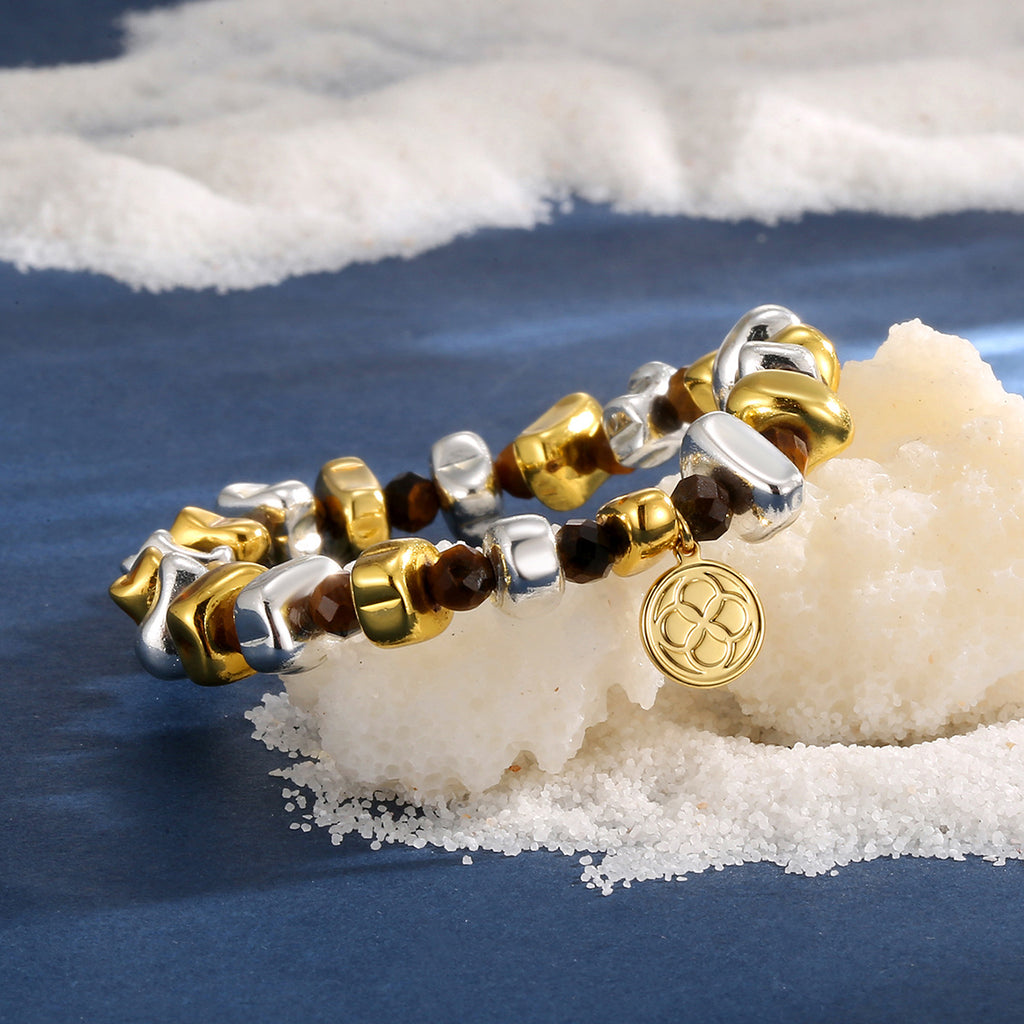 Two Tone Gold And Silver Bead Tiger Eye Stone Bracelet