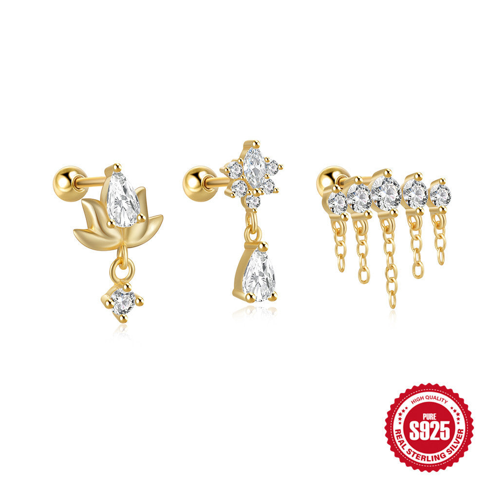 S925Sterling Silver Tassel Inlaid Diamond Chain Earrings Stud Korean Style Hot-Selling Fashion Piercing Jewelry