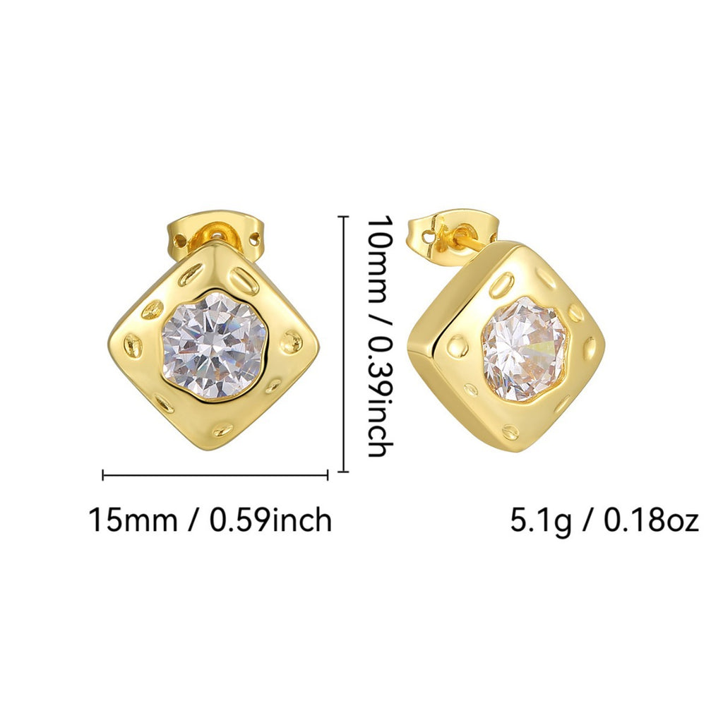 E0647 Square Inlaid Irregular Zircon Gender-Neutral Earrings Brass Gold-Plated Simple Ear Jewelry