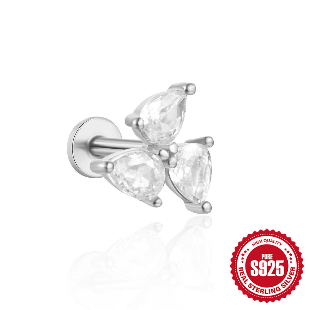 S925Sterling Silver Flat Threaded Piercing Chain Earrings Hot Sale Fashion Inlaid Diamond Opal Ear Bone Stud Earrings for Women