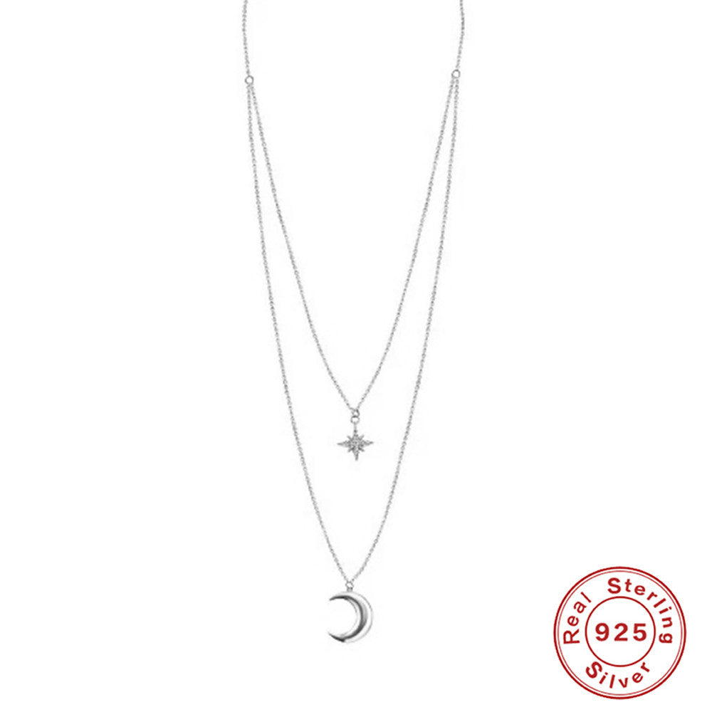 S925 Sterling Silver Dual Layer Cross Moon Necklace With Diamonds