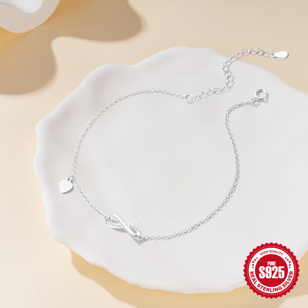 New925Sterling Silver Simple Infinity Symbol8Word-embellished Diamond Heart Anklet Hot-Selling Women's Anklet