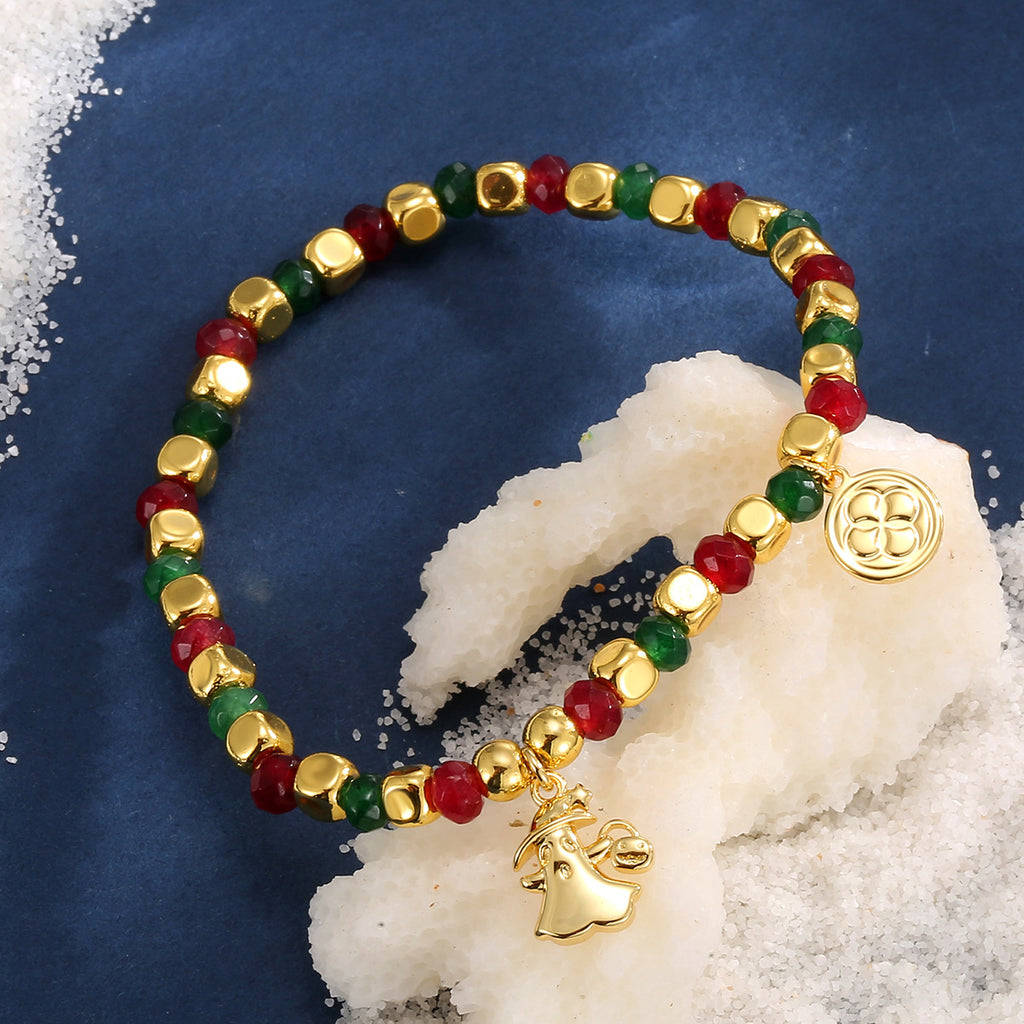 B0337 Cute Ghost Pendant Copper Plated18k Gold Bracelet Chalcedony Stone Beads