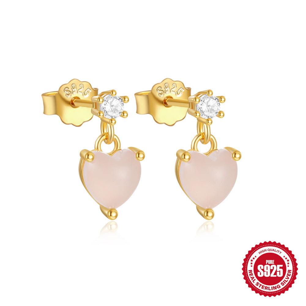 S925Sterling Silver Rose Flower Heart Diamond Stud Earrings for Women Korean Style Romantic Mini Petite Three-Dimensional Small Flower Ear Jewelry