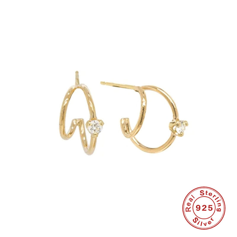 S925Sterling Silver Layered C Exaggerated Creative Style Earrings with Dense Studs and Claw Setting Double Steel Wire Hoop Earrings