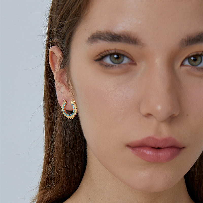 E0041 Copper Plated Real Gold Gear Type Stud Earrings for Women fashion Blue Turquoise Earrings