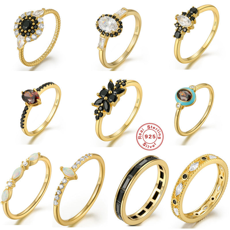 S925Pure Silver Elegant Luxurious Geometric Round Diamond-Studded Gemstone Engagement Ring Hot-Selling Couple Style Ring