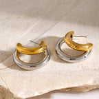 18K Gold Stainless Steel/Color Block Top and Bottom C Unique Design Sense of Shape Matching Earrings Left and Right Side Ear Accessories