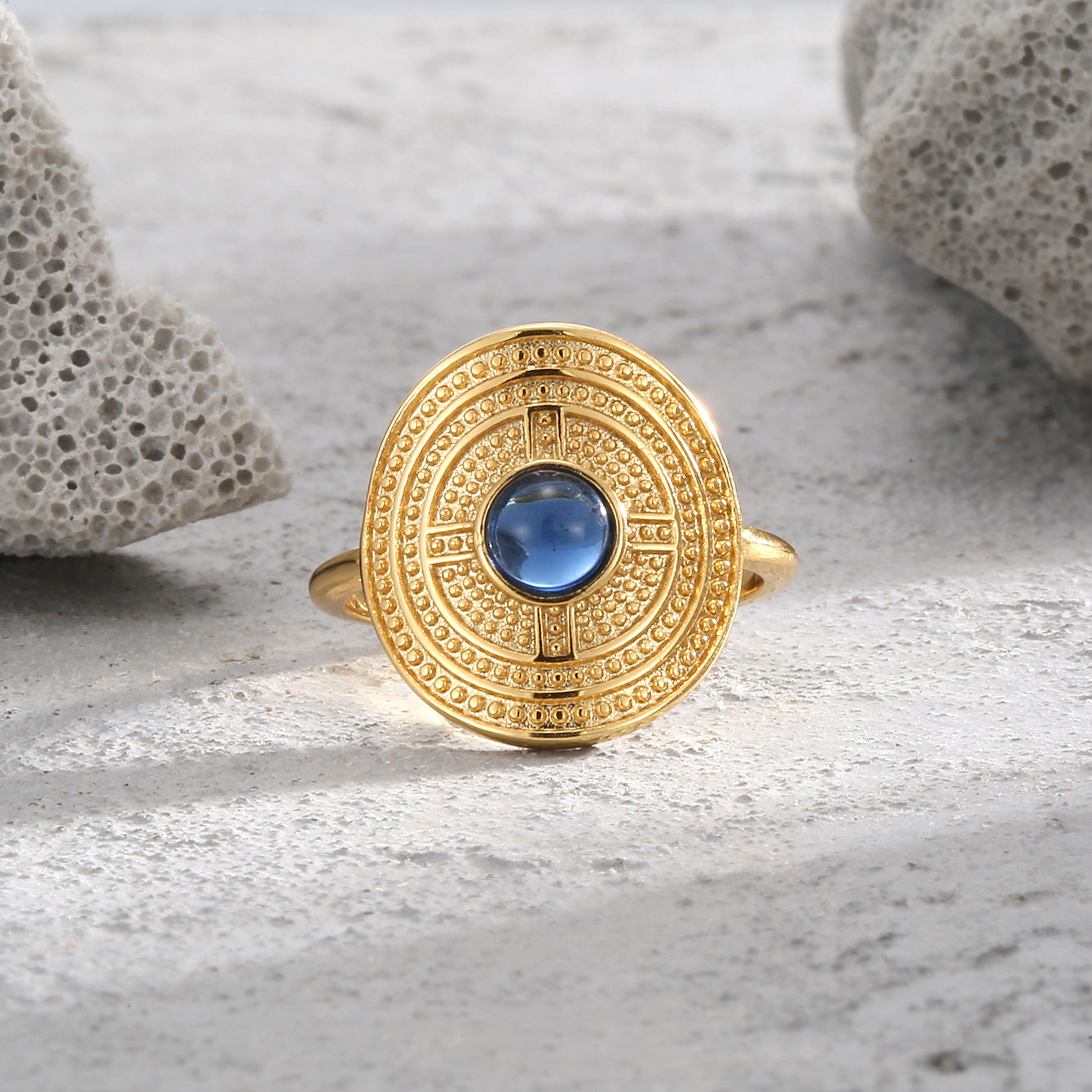 R0155 Vintage Design Curved Ring for Women Brass Gold Plated Blue Glass Stone