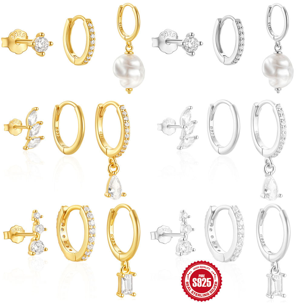New925Sterling Silver Hot-Selling Earrings Jewelry Set for Women with Inlaid Diamonds and Pearls Hoop Earrings Ear Clips
