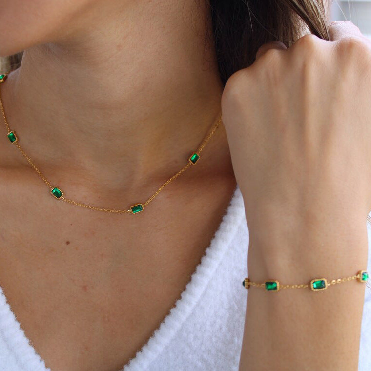 2H Square Shape Emerald Zircon Necklace Collarbone Chain Necklace Bracelet