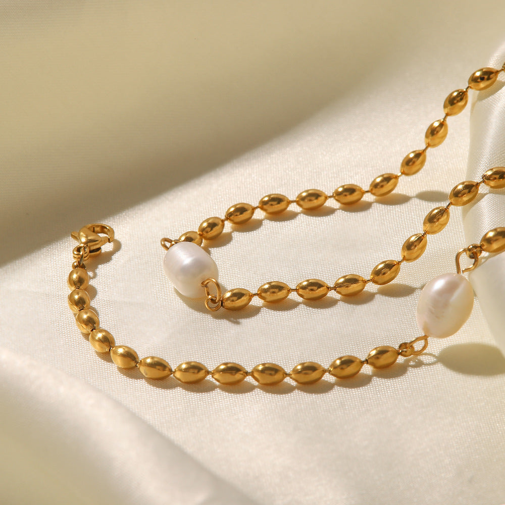 Fashionable Design Non-Fading Natural Freshwater Pearl Oval Gold Bead Bracelet/Necklace