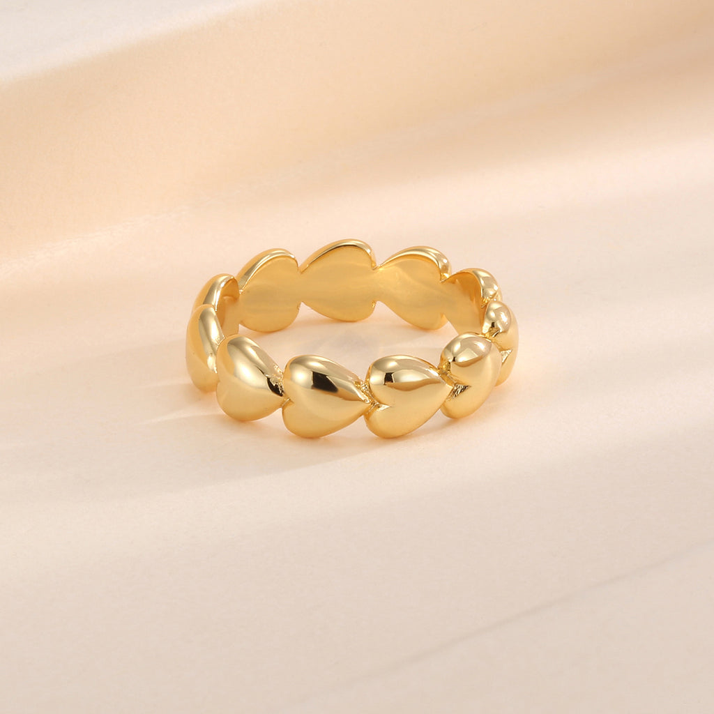R0294 Fashionable Elegant Smooth Heart Connected Ring for Women Copper Plated with Real Gold