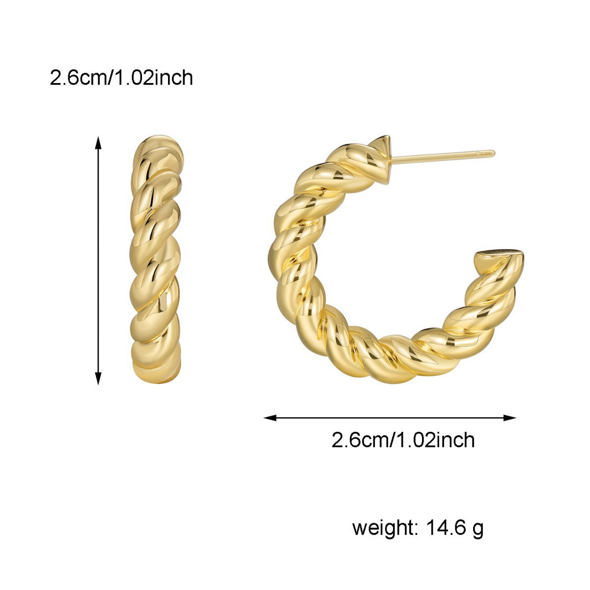 E0492 Twisted Earrings Braided Pattern Stud Earrings for Women Irregular Geometric C Shaped Earrings Copper Plated with Real Gold