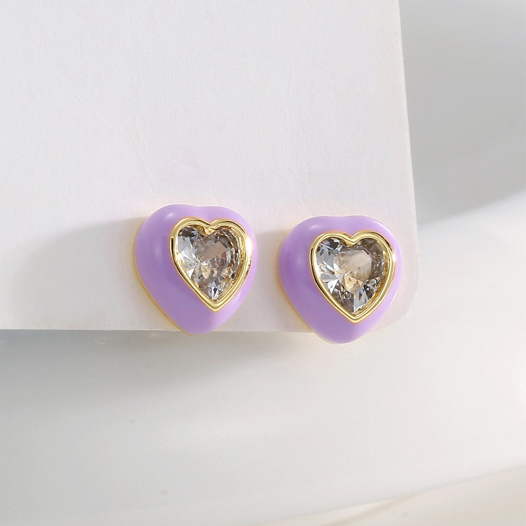 E0770 Cute Dopamine Jewelry Heart-shaped Earrings for Women Purple Resin Inlaid Heart Zircon Earrings