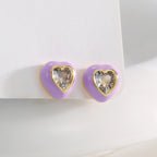 E0770 Cute Dopamine Jewelry Heart-shaped Earrings for Women Purple Resin Inlaid Heart Zircon Earrings
