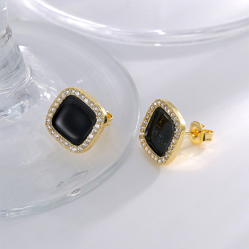 E0715 Korean Style Black Square Epoxy Stud Earrings for Women Simple Fashion Micro Inlaid Zircon Earrings