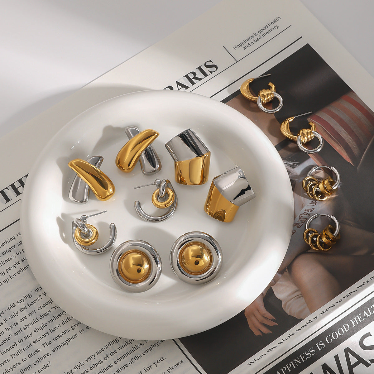 Stainless Steel Color Block Ring Earrings Open Bracelet Beaded Bracelet Jewelry