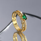 R0415 Chain Design Ring Women's Fashion Copper Plated Real Gold Green Zircon Ring