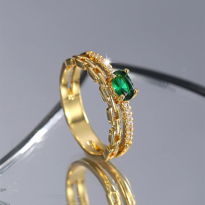 R0415 Chain Design Ring Women's Fashion Copper Plated Real Gold Green Zircon Ring