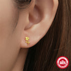S925Sterling Silver Rose Flower Heart Diamond Stud Earrings for Women Korean Style Romantic Mini Petite Three-Dimensional Small Flower Ear Jewelry