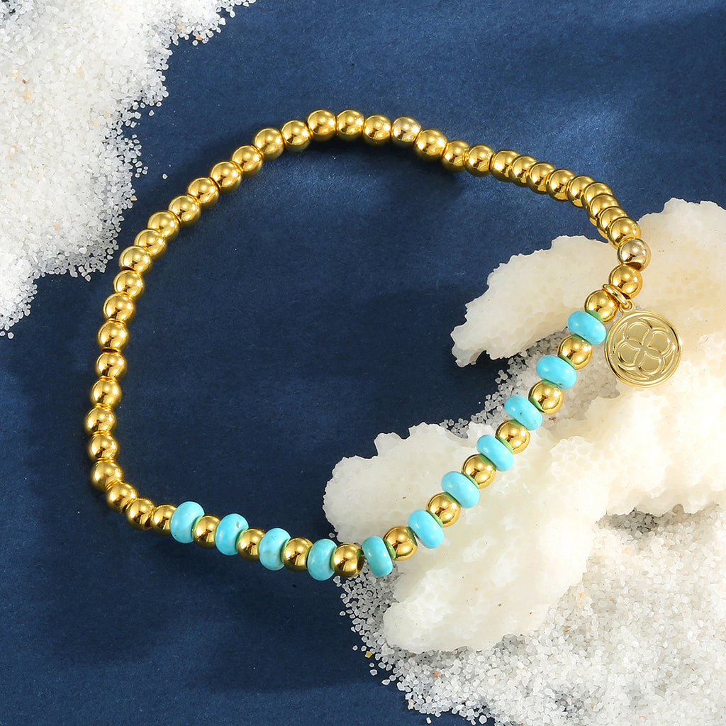 B0288 Copper plating14k Gold Small Round Beads Vintage Blue Turquoise Bracelet Fashion