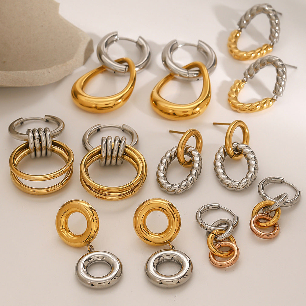 2H Stainless Steel Color Block Circle Earrings Studs Hoop Jewelry