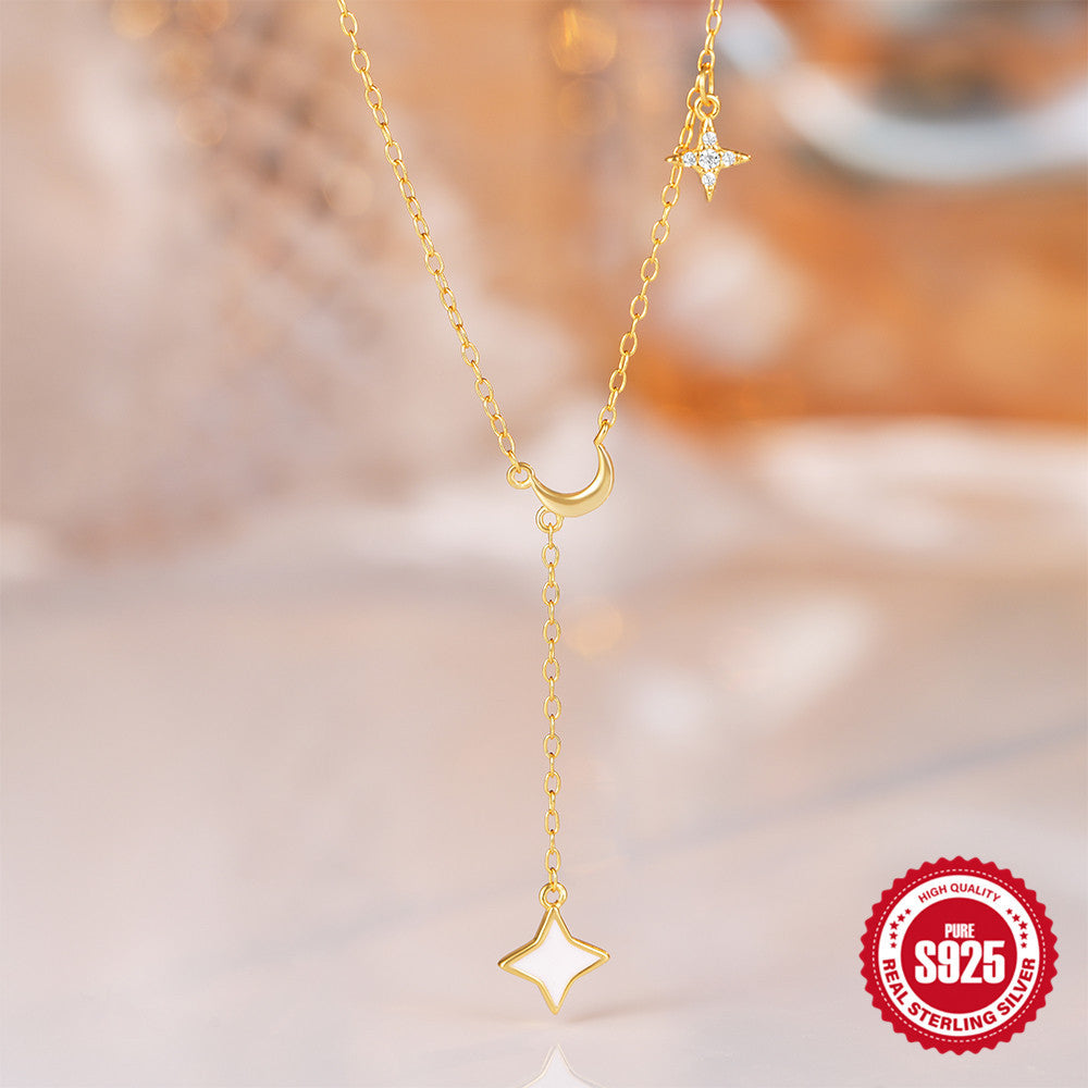 S925 Sterling Silver Four Pointed Star Moon Pendant Necklace Diamonds