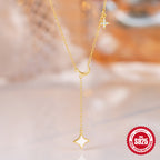 S925 Sterling Silver Four Pointed Star Moon Pendant Necklace Diamonds