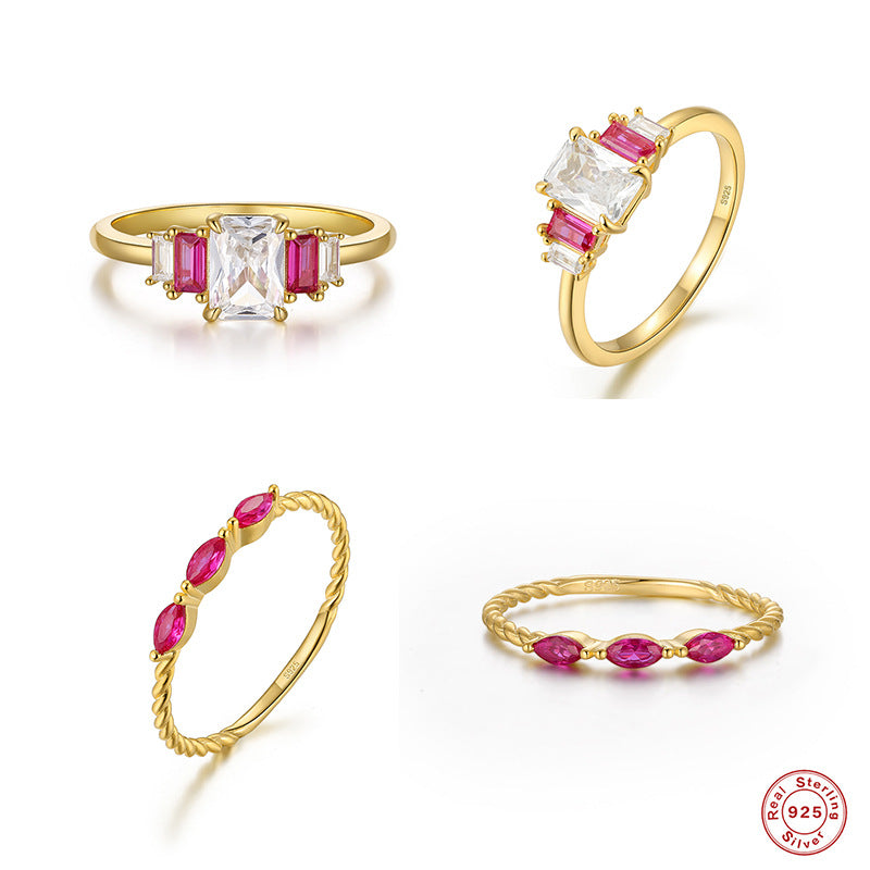 S925Sterling Silver Pink Marquise Twist Pattern Ring with Diamond Inlay, Step Shape Ring, Korean Style Index Finger Ring