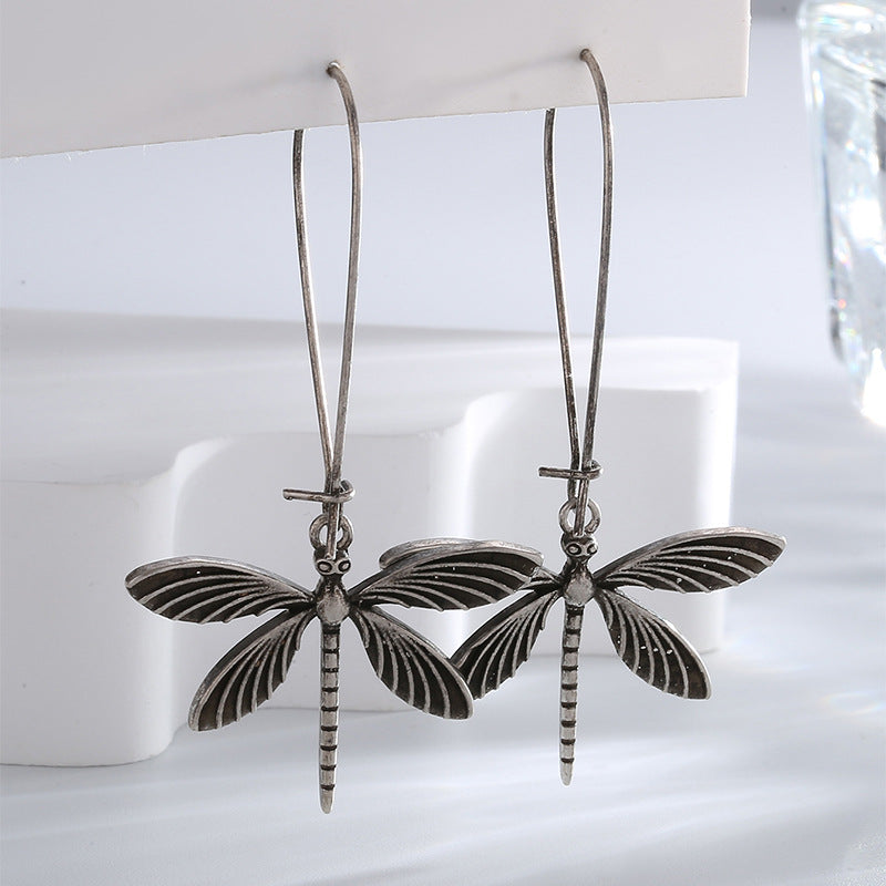 E0713 Fashion Design Long Hook Earrings for Women Retro Dragonfly Earrings silver