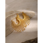 2H2025New Summer18k Gold Stainless Steel Stud Earrings with Rhinestones for Women, Exaggerated Metal Fan-Shaped Rhinestone Earrings