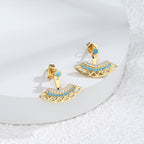 E0317 Bohemian Style Front and Back Split Earrings Geometric Hollow Fan-Shaped Blue Turquoise Earrings for Women